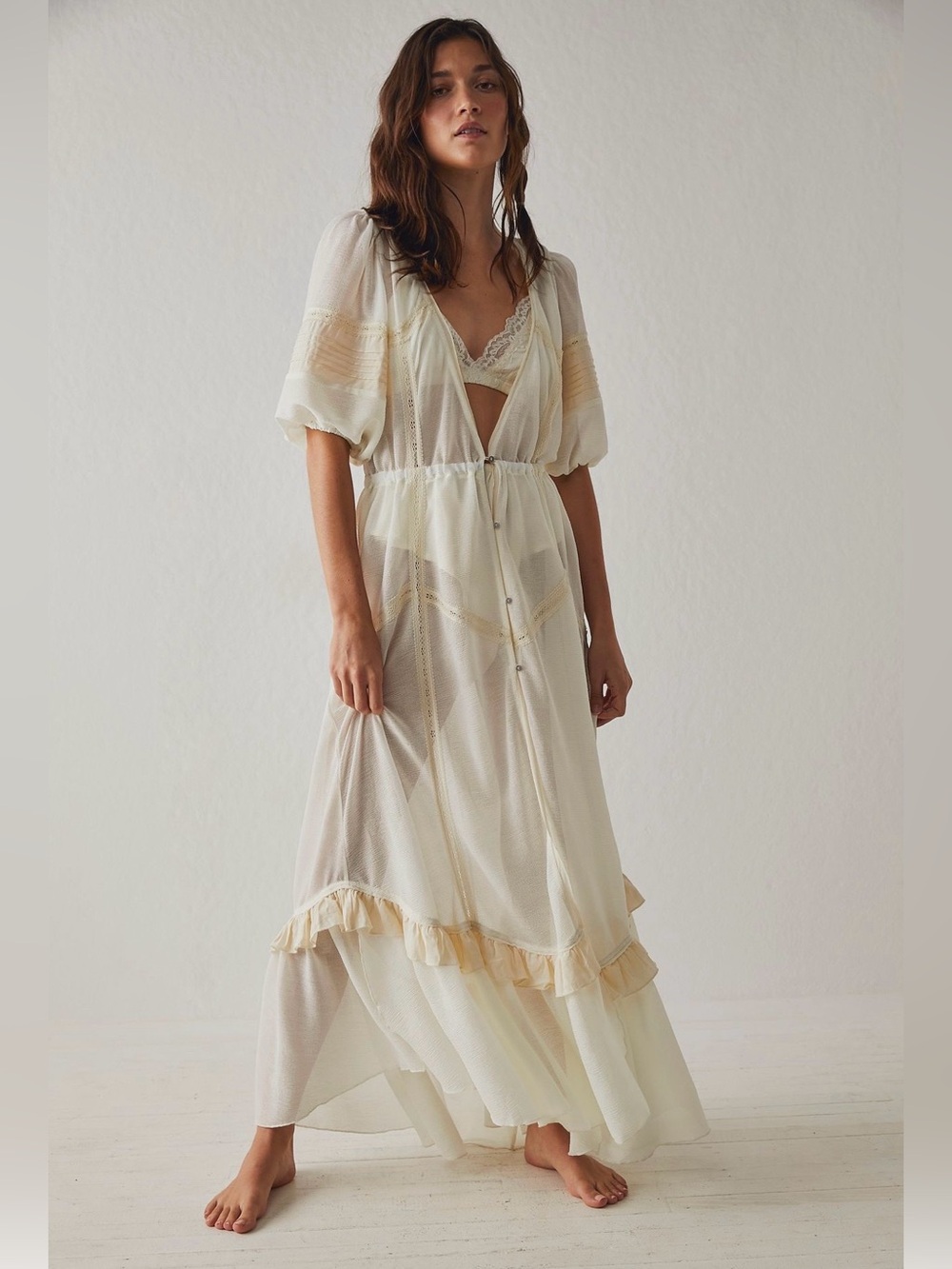 Free people into you nightie Sheer Ruffles delicate Romantic maxi Dress S